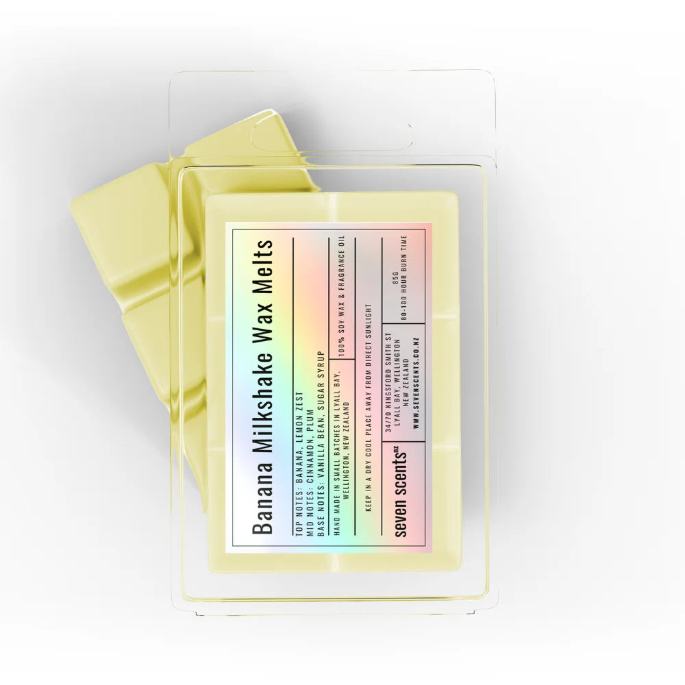 Pack of 'Banana Milkshake Wax Melts' by seven scents on a white background
