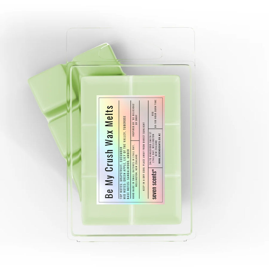 Pack of 'Be My Crush Wax Melts' by seven scents on a white background