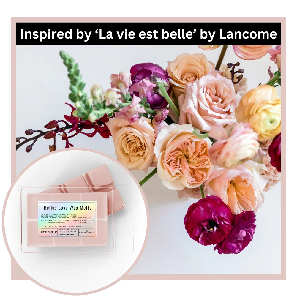 Bellas Love Wax Melts packaging with a bouquet of flowers inspired by 'La vie est belle' by Lancome.