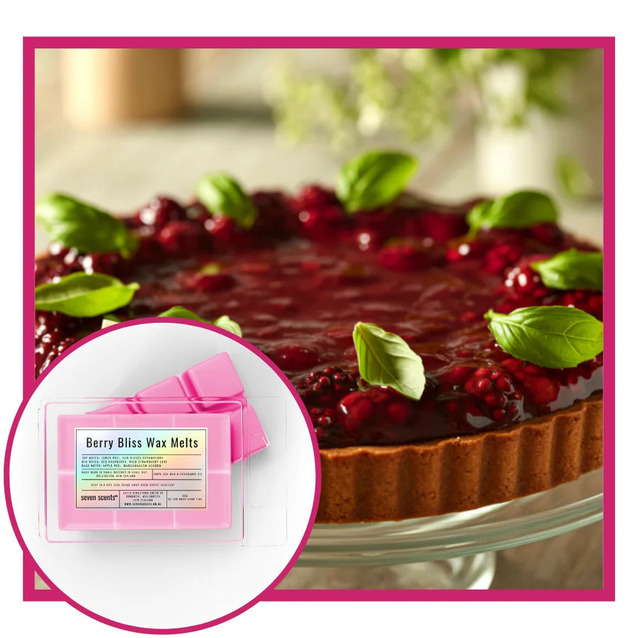 Berry Bliss wax melts with a berry tart in the background