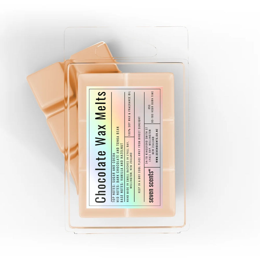 Pack of 'Chocolate Wax Melts' by seven scents on a white background