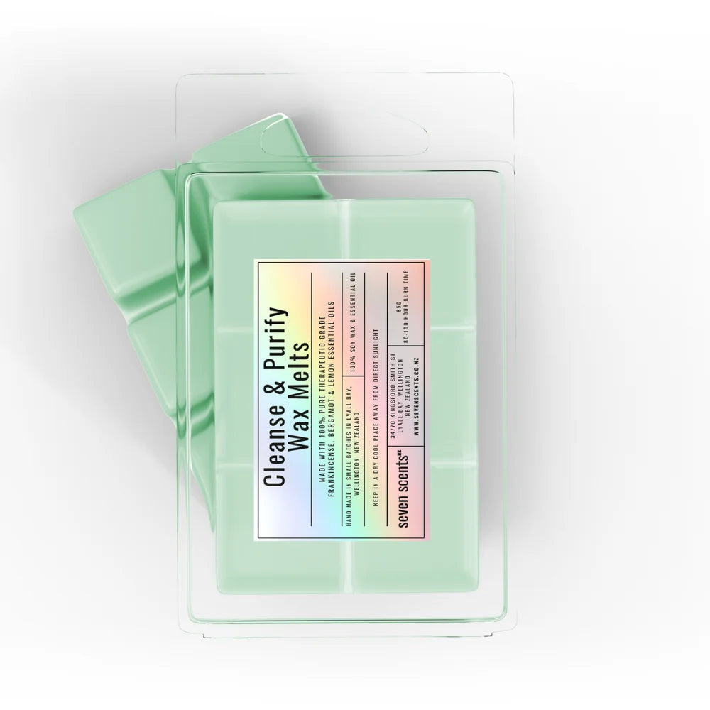 Pack of 'Cleanse & Purify Wax Melts' by seven scents on a white background