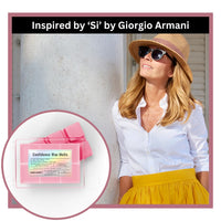 Thumbnail for Woman in stylish outfit with inset of 'Confidence Wax Melts' packaging, inspired by Giorgio Armani.