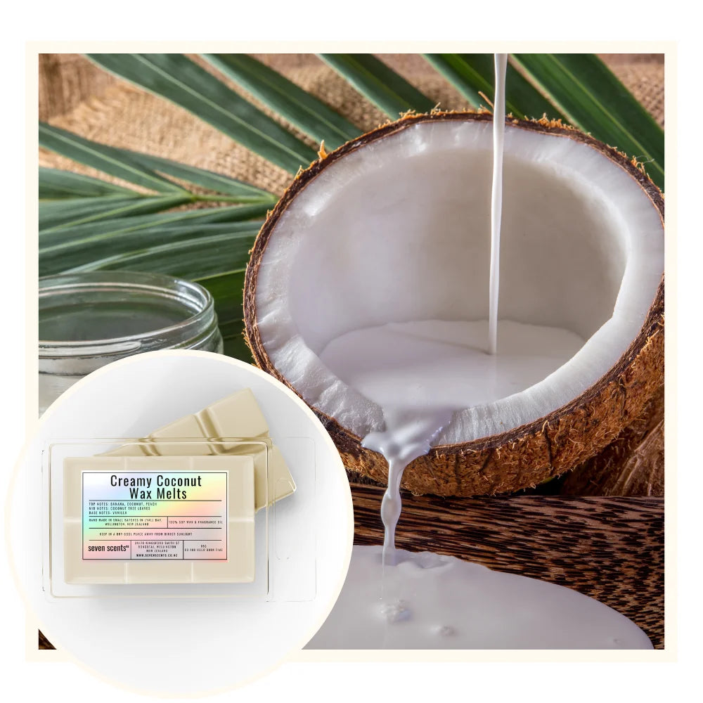 Coconut wax melts with a jar of wax and a halved coconut on a natural background