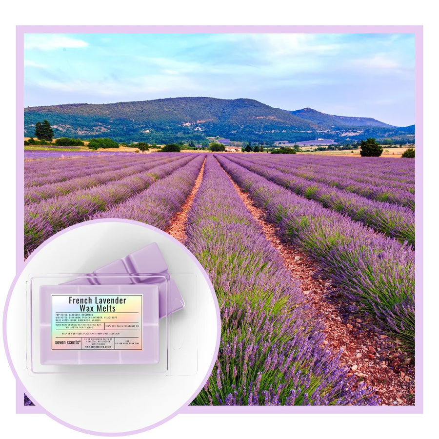 French Lavender Wax Melts packaging with a scenic lavender field background