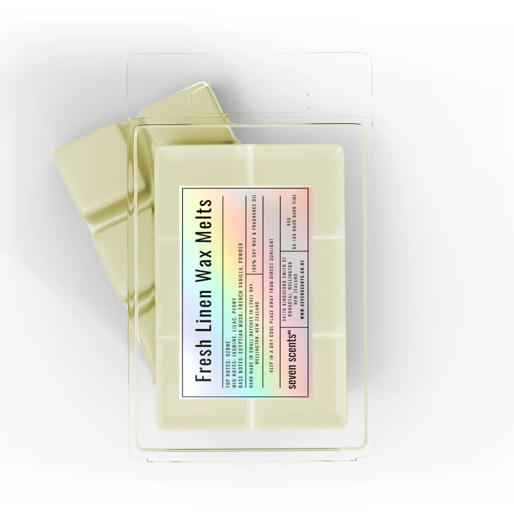 Pack of 'Fresh Linen Wax Melts' by seven scents on a white background