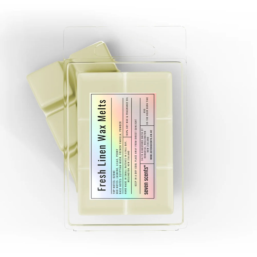 Pack of 'Fresh Linen Wax Melts' by seven scents on a white background