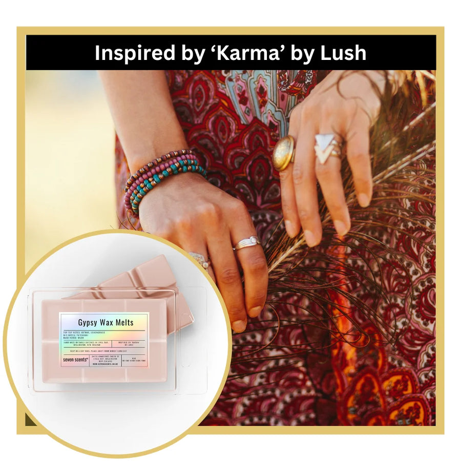 Gypsy Wax Melts inspired by 'Karma' by Lush with hands wearing rings and bracelets.