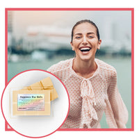 Thumbnail for Woman laughing outdoors with inset of happiness wax melts packaging.