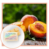 Thumbnail for Juicy peach wax melts with a close-up of a label on a wooden surface with peaches in the background.