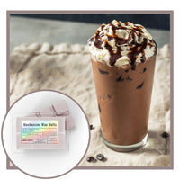 Thumbnail for Chocolate mochaccino drink with whipped cream and a package of MochaCino Wax Melts on a textured surface.