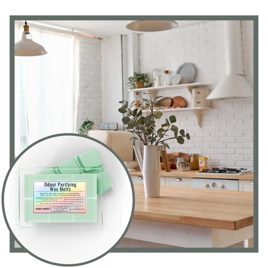 Kitchen interior with a close-up of Odour Purifying Wax Melts packaging.