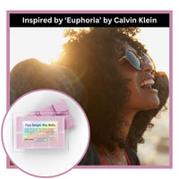 Thumbnail for Woman wearing sunglasses with a close-up of Calvin Klein Euphoria inspired wax melts packaging.