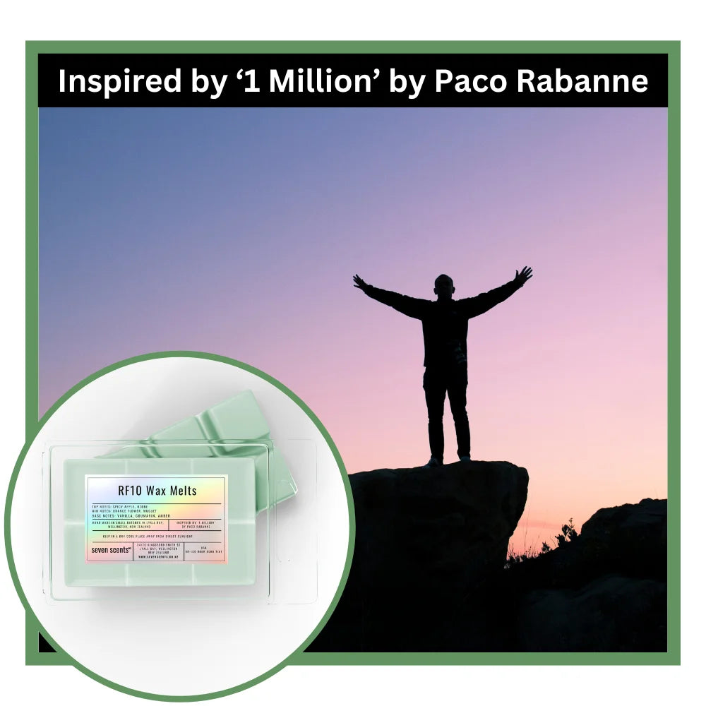 Silhouette of a person on a cliff with '1 Million' by Paco Rabanne text and wax melts packaging.