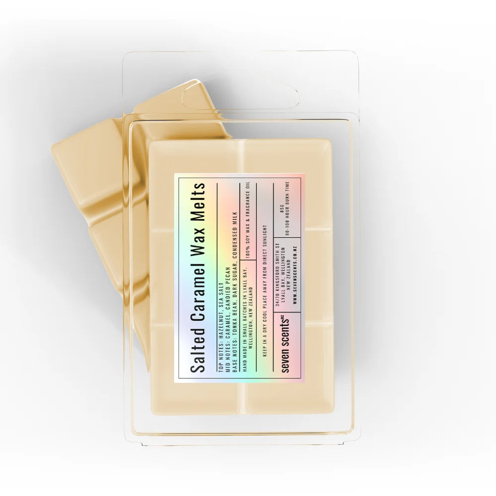 Pack of 'Salted Caramel Wax Melts' by seven scents on a white background