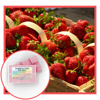 Thumbnail for Basket of strawberries with a close-up of Strawberry Fields Wax Melts packaging.