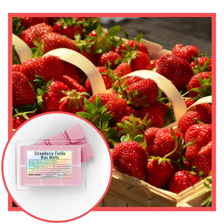 Basket of strawberries with a close-up of Strawberry Fields Wax Melts packaging.
