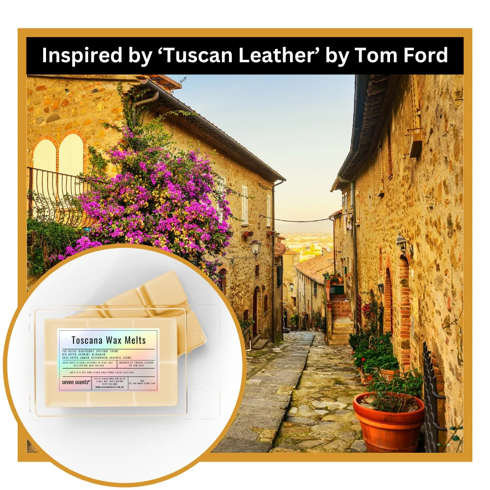 Tuscan street scene with stone buildings and flowers, featuring Tuscan Wax Melts inspired by 'Tuscan Leather' by Tom Ford.