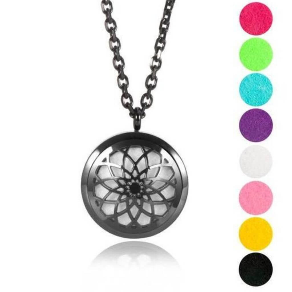 Aromatherapy Necklace - Black Essential Oil Flower Pendant